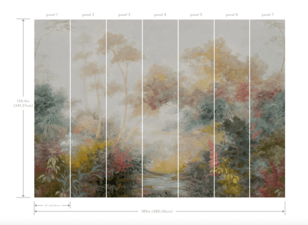 Seven-panel misty forest mural wallpaper.