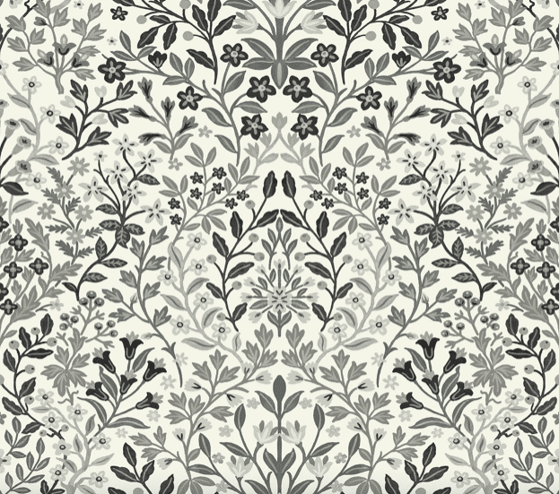 Black and white floral fabric pattern.