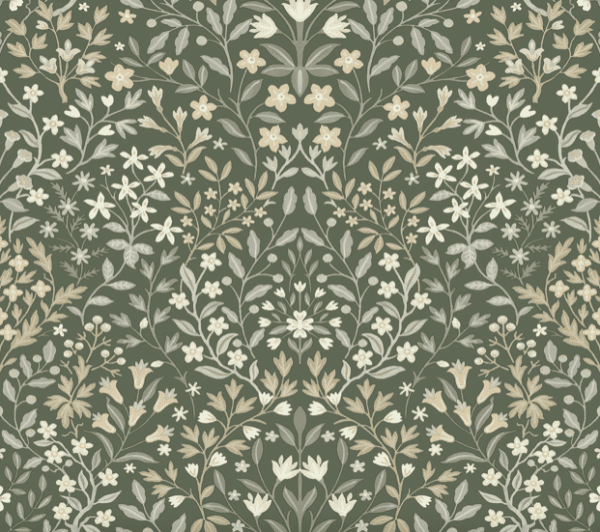 Seamless floral pattern, green background.