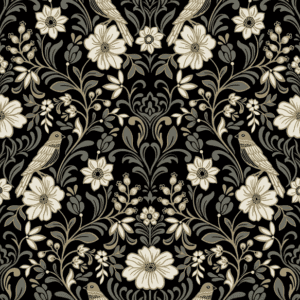 Floral damask pattern with birds.