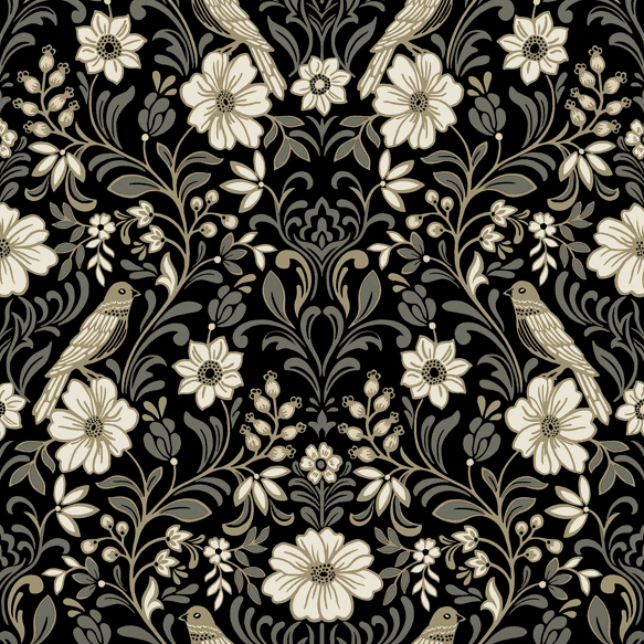 Floral damask pattern with birds.