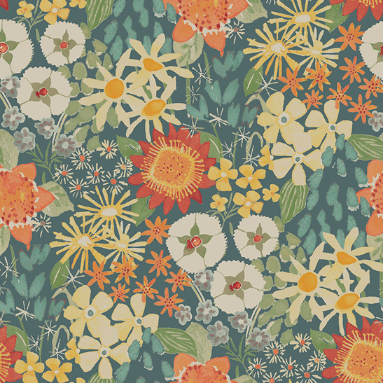 Vibrant floral teal fabric pattern.