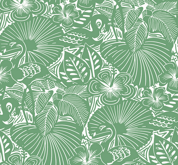 Sage green tropical bird and flower print.