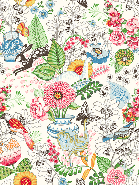 Whimsical floral print with birds and rabbit.