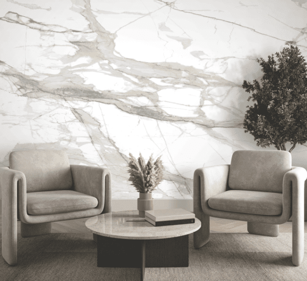 Marble wall with two armchairs.