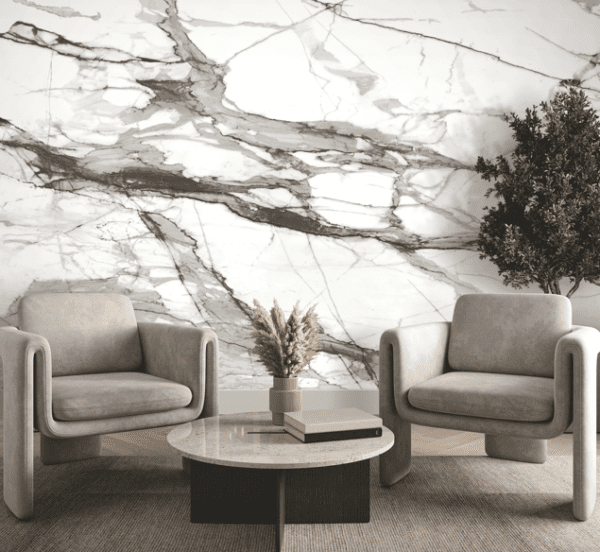 White marble wall with armchairs and plants.