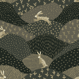 Hares hopping in patterned hills.