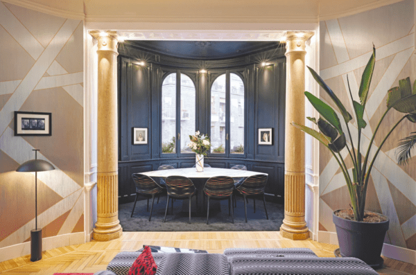 Elegant dining room with bay window.