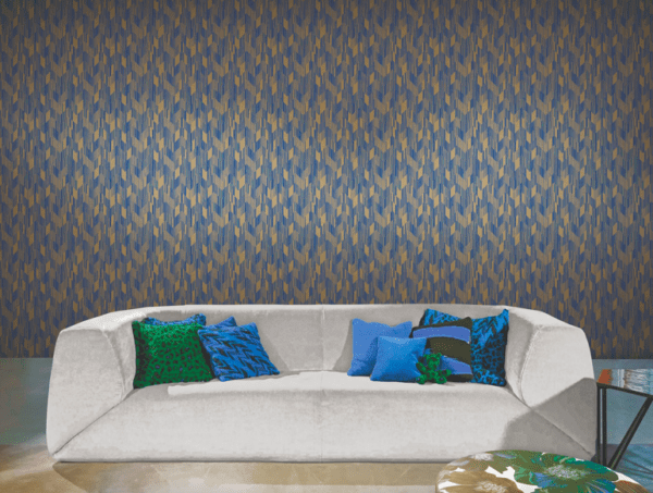 Blue and gold geometric wallpaper.